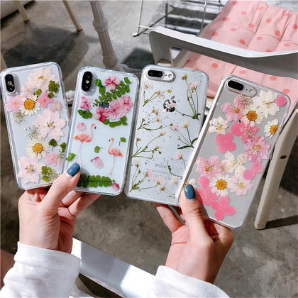 JAMULAR Epoxy Real Dry Flower Phone Cases For iPhone XS MAX 8 6 6s Plus Clear Soft Back Cover For iPhone X Flamingo Leaf Fundas