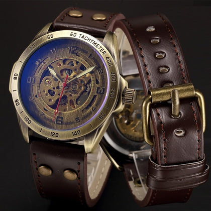 Skeleton Mechanical Watch Automatic Watch Men Steampunk Bronze Transparent Mens Automatic Mechanical Wrist Watches Clock for Man