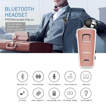 Newest Fineblue F970 Portable Wireless Bluetooth neck clip on telescopic type business Sport stereo Earphone Vibration Wear Clip