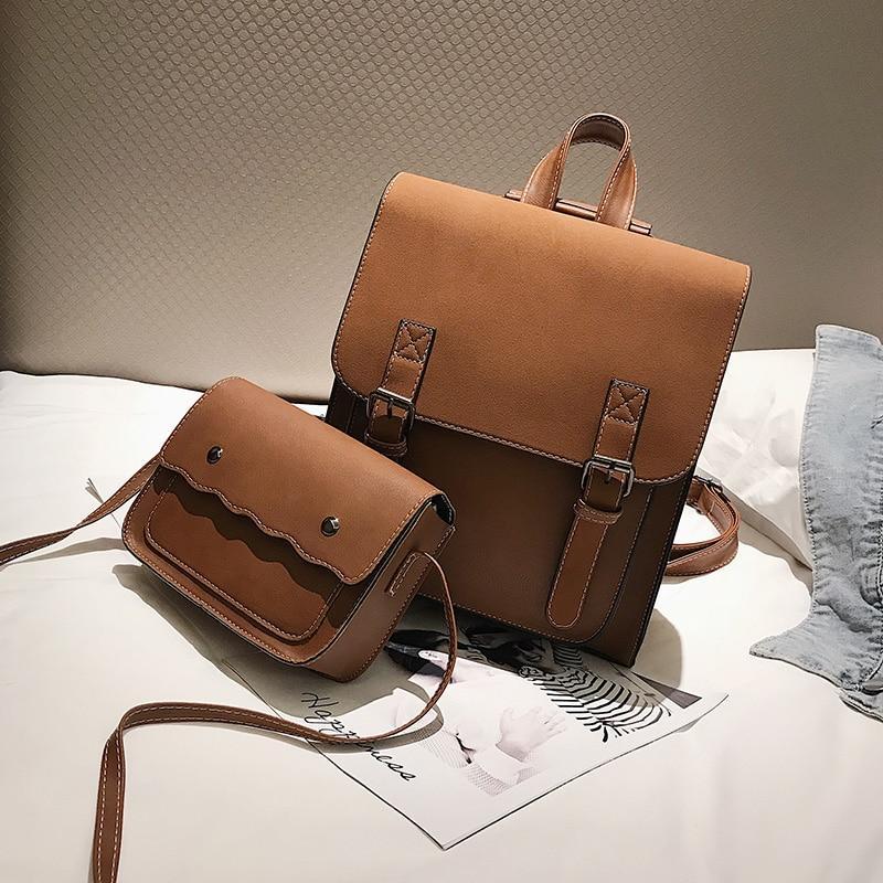Fashion 2 Pcs/Set Leather Women Backpacks For Teenagers Female Back Pack Large Capacity Pu Travelling Bags Vintage School Bag