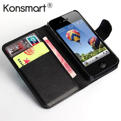 KONSMART New Book Style Wallet Cover For iphone 4s Flip PU Leather Case For iphone 4 4s iphone4s Black Funda Cellphone Cases