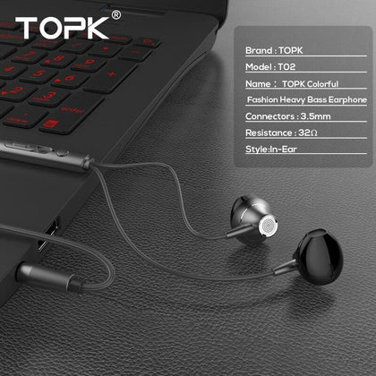 TOPK 3.5mm In-Ear Earphones with Mic Anti-Wrap Comforted Heavy Bass Wired Earphone Earbud Volume Control Stereo Sport Headset