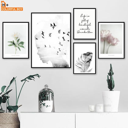 Girl bird Flower Feather Quotes Landscape Wall Art Canvas Painting Nordic Posters And Prints Wall Pictures For Living Room Decor