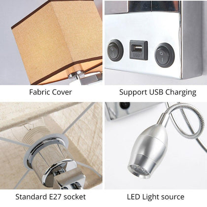 Modern Indoor LED Wall Lamp Bedside Bedroom Applique Sconce With Switch USB E27 Bulb Interior Headboard Home Hotel Wall Lights