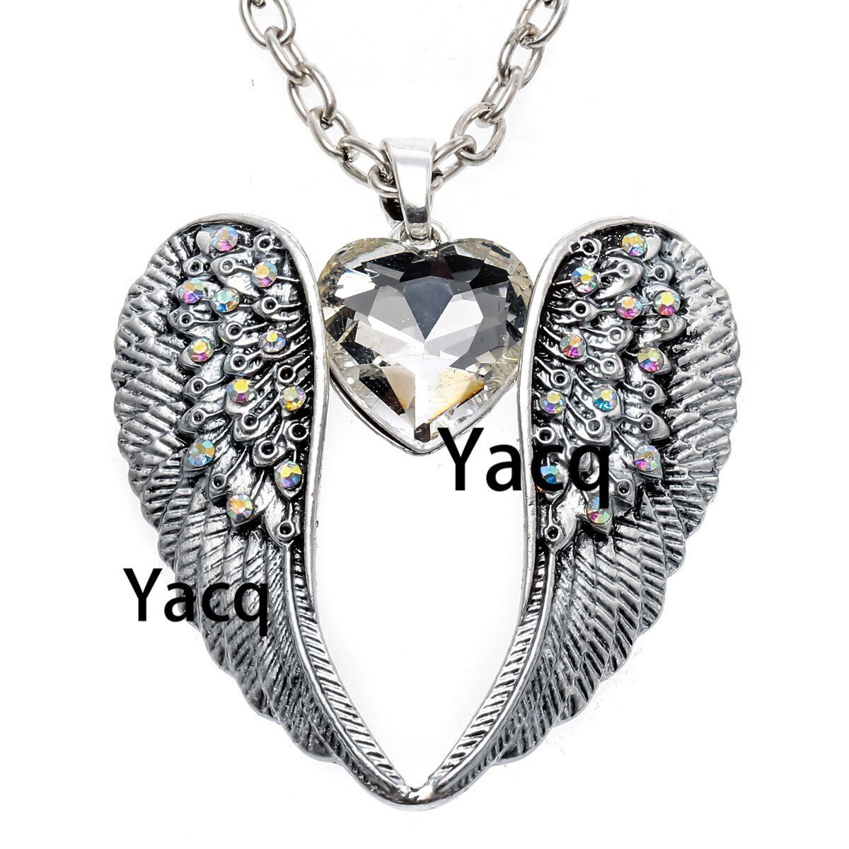 Yacq Guardian Angel Wing Heart Necklace Antique Silver Color Women Girls Biker Bling Crystal Jewelry Gifts Nc06