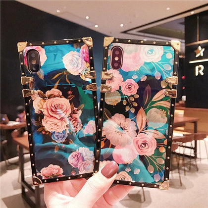 Luxury Blue Ray Flower rose square silicone phone case for iphone 7 8 S 6 plus X XR XS Max holder cover for samsung S8 S9 Note9