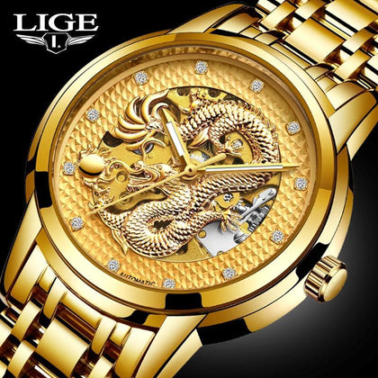 LIGE Mens Watches Top Luxury Brand Watch Stainless Steel Waterproof Automatic Mechanical Dragon Watch Men Relogio Masculino+Box