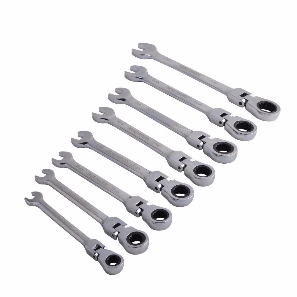 High Quality 8Pc 8-17Mm Cr-V Flexible Head Wrench Sets Combination Ratcheting Wrench Spanner Set Metric 8,10,11,12,13,14,15,17Mm