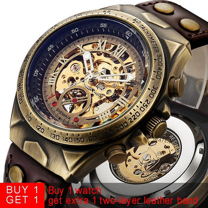 Steampunk Bronze Automatic Watch Men Mechanical Watches Vintage Retro Leather Transparent Skeleton Watch Clock Man Dropshipping