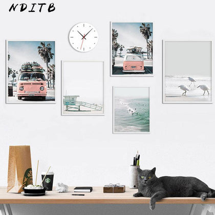 NDITB Scandinavian Tropical Landscape Posters Modern Prints Sea Beach Bus Wall Art Canvas Painting Nordic Decoration Pictures