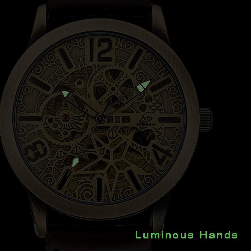 Vintage Skeleton Mechanical Automatic Wrist Watch Men 2018 Shenhua Mechanical Steampunk Watches Self Winding Mens Leather Watch