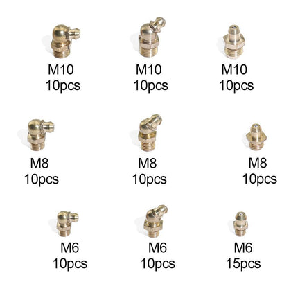 95pcs M6 M8 M10 Brass Grease Zerk Nipple Fitting Straight and 90 and 45 Degree 