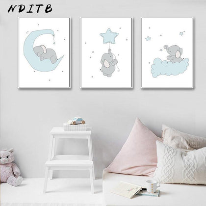 NDITB Cute Cartoon Elephant Moon Canvas Art Painting Posters Prints Decorative Picture Baby Bedroom Nursery Wall Decoration