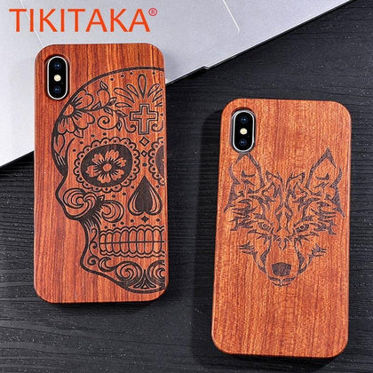 Genuine Natural Wood Case For iPhone X 8 7 6 6s Plus 5s 5 SE Cover Novel Embossed Flower Skull Wolf Pattern Wooden Phone Cases
