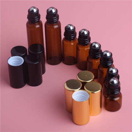 5pcs 1ML 2ML 3ML 5ML Amber Roll On Roller Bottle for Essential Oils Refillable Perfume Bottle Deodorant Containers with Gold lid
