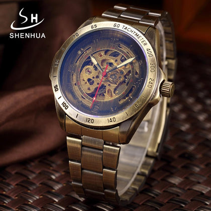 Vintage Bronze Automatic Watch Skeleton Men Watch Steampunk Transparent Mechanical Mens Watches Full Metal Clock montre homme