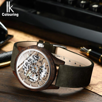 IK Colouring Men Watch Fashion Casual Wooden Case Crazy Horse Leather Strap Wood Watch Skeleton Auto Mechanical Male Relogio