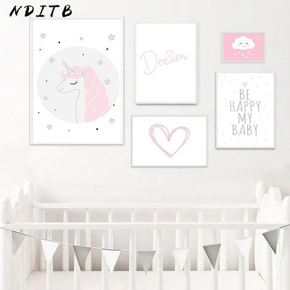Baby Girl Nursery Wall Art Canvas Painting Pink Unicorn Cartoon Posters and Prints Nordic Kids Decoration Pictures Bedroom Decor
