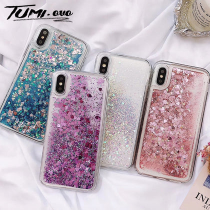 Pink Love Heart Glitter Phone Case For iPhone XS Max X XR Liquid Quicksand Case for iPhone 5S 6S 6 7 8 Plus Cover Bling Sequins