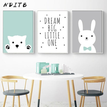 NDITB Kawaii Bear Rabbit Canvas Art Posters Woodland Animal Cartoon Nursery Prints Painting Wall Picture Baby Room Decoration