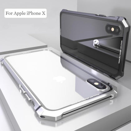 For iPhone X 7 8 Plus Case Black Protective Aircraft Bumper Metal Screw Cell Phone Case with Transparent Back Tempered Glass