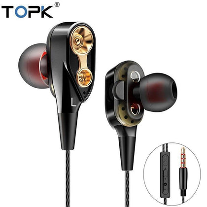 TOPK Wired Earphone For Phone Dual Driver HiFi Stereo In-Ear Headset 3.5mm Sport Running Earphones With Microphone Earbuds 