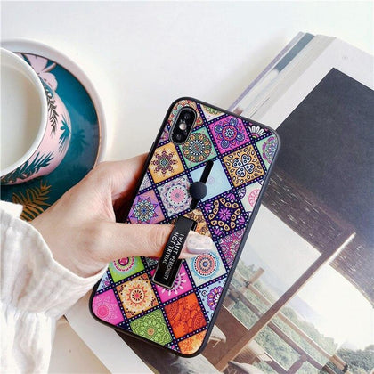 Ethnic Totem Flower holder ring phone case For iPhone Xs max XR X 8 7 6 6s plus geometric splice Tempered glass Back Cover coque