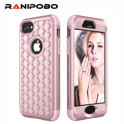 3-in-1 Impact Cover Hard&Soft Silicone Hybrid Case Universal for iPhone 6 6s 7 7 Plus 8 8 Plus Armor Phone Cases Bling Diamond 