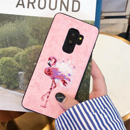 DCHZIUAN Phone Case For Samsung Galaxy S8 S8plus S9 S9 Plus NOTE 8 9 S10 Plus Case Embroidery Flamingo Pink Soft Cover Coque