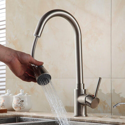 Kitchen Faucets Silver Single Handle Pull Out Kitchen Tap Single Hole Handle Swivel 2-Function Water Outlet Mixer Tap 408906