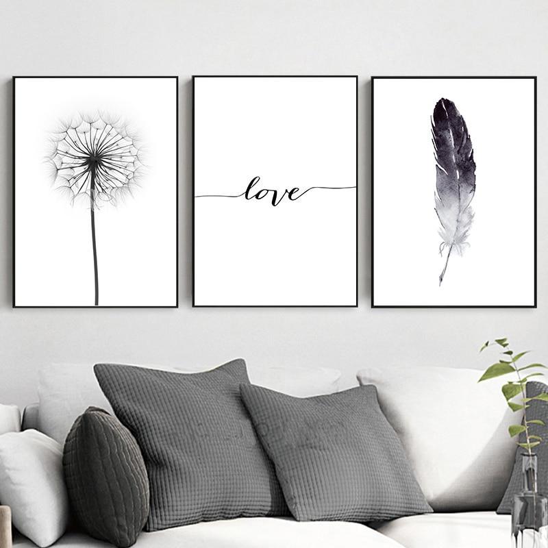Black And White Dandelion Feathers Poster And Print Letter Love Wall Art Canvas Painting Home Picture Wall Decoration