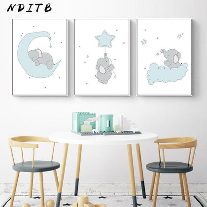 NDITB Cute Cartoon Elephant Moon Canvas Art Painting Posters Prints Decorative Picture Baby Bedroom Nursery Wall Decoration