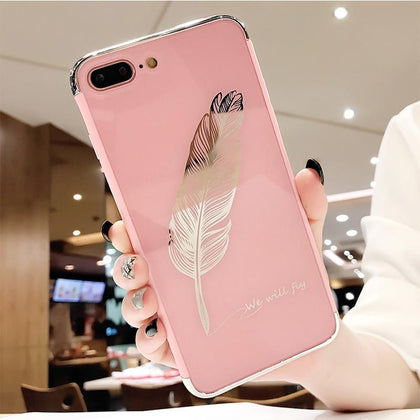 Luxury Quill pen Drop Mirror Pink soft cover case for iphone 6 6S S plus 7 7plus 8 8plus X XS XR Max feathers phone cases funda