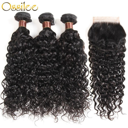 Water Wave Bundles with Closure Malaysian Curly Hair Bundles with Closure Human Hair 3/4 Bundles with Closure Ossilee Remy Hair
