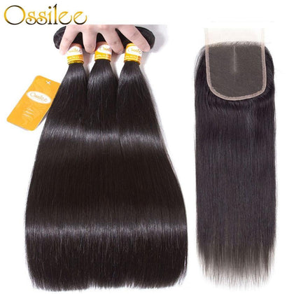 Human Hair Bundles with Closure Brazilian Straight Hair Bundles with Closure Ossilee Remy Hair Extension 3 Bundles with Closure