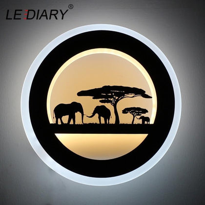LEDIARY 14W Animal LED Round Wall Sconce 110-240V Modern Black Elephant Painting Wall Lights For Living Room Decoration Fixtures