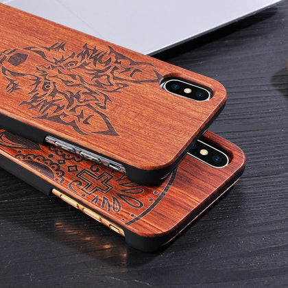 Genuine Natural Wood Case For iPhone X 8 7 6 6s Plus 5s 5 SE Cover Novel Embossed Flower Skull Wolf Pattern Wooden Phone Cases