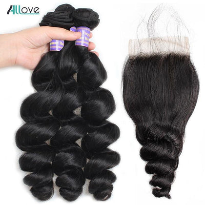 Allove Brazilian Loose Wave Bundles With Closure 100% Human Hair 2/3Bundles With 4x4 Lace Closure Middle Part Non Remy Hair Weft