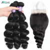 Allove Brazilian Loose Wave Bundles With Closure 100% Human Hair 2/3Bundles With 4X4 Lace Closure Middle Part Non Remy Hair Weft
