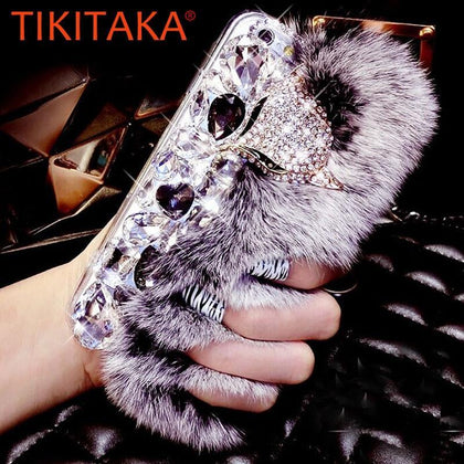 Fashion Rabbit Fur Hair Plush Phone Cases For iPhone 8 7 6 6S Plus Cover  DIY Bling Rhinestone Diamond Fox Hard Back Cover