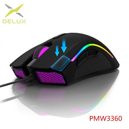 Delux M625 PMW3360 Sensor Gaming Mouse 12000DPI 12000FPS 7 Buttons RGB Back light Optical Wired Mice with Fire Key For FPS Gamer