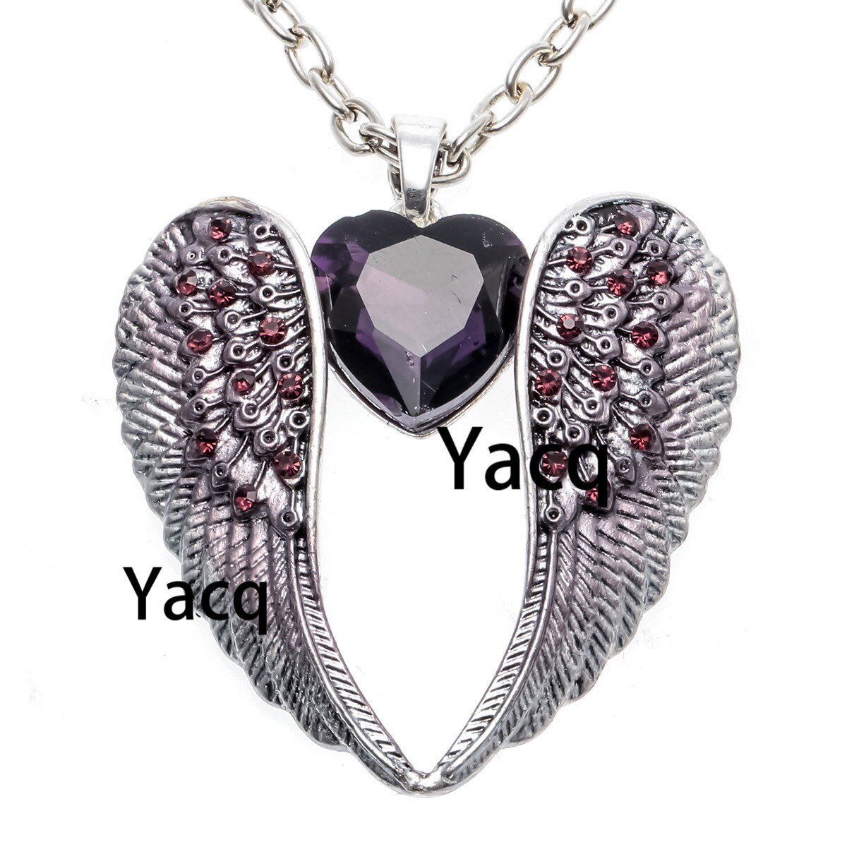 Yacq Guardian Angel Wing Heart Necklace Antique Silver Color Women Girls Biker Bling Crystal Jewelry Gifts Nc06