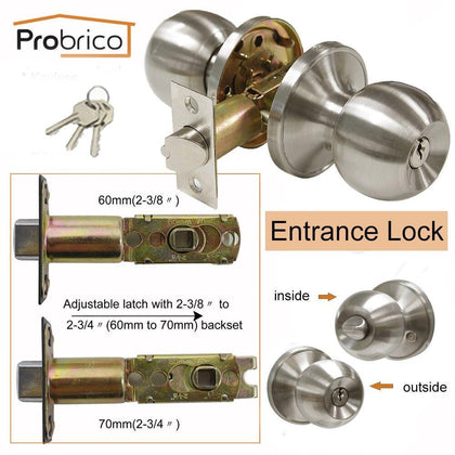 Probrico Keyed Alike Door Lock Stainless Steel Safe Lock Satin Nickel Entrance Locker Door Handle Knob DL607SNET-Combo