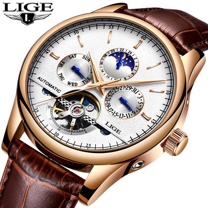 LIGE Fashion Business Mens Automatic Watch Leather Waterproof Mechanical  Watch Mens Tourbillon Sport Watches Relogio Masculino