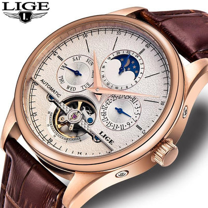 LIGE Men watches Brand Automatic mechanical watch tourbillon Sport clock leather Casual business wristwatch Gold relojes hombre