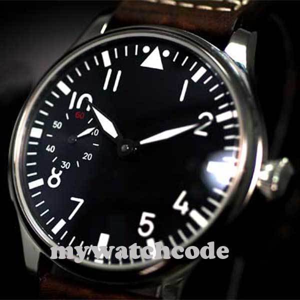 Free Shipping 44Mm Classic Black Dial Parnis Luminous Makrs Asia 6497 Movement Mechanical Watches Hand Winding Mens Watch Pa01