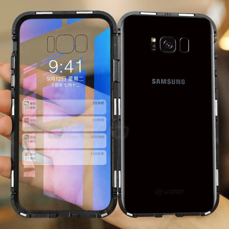 Magnetic Metal Phone Case For Samsung Galaxy S9 S8 Plus Note 8 9 Magnet Cases Bumper Clear Glass Cover For Samsung Note 9 8 Case