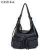 Cezira Large Soft Casual Women Bags Functional Girl School Backpack Pu Leather Bag Ladies Multi Pockets Messenger&Shoulder Bag