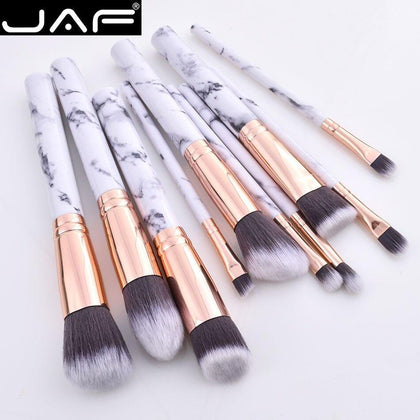 JAF 10pcs Marble makeup brush with holder, Rose Gold Make Up Brushes with Holder, Synthetic Makeup Brushes Case J1024-D
