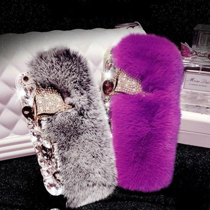 Fashion Rabbit Fur Hair Plush Phone Cases For iPhone 8 7 6 6S Plus Cover  DIY Bling Rhinestone Diamond Fox Hard Back Cover